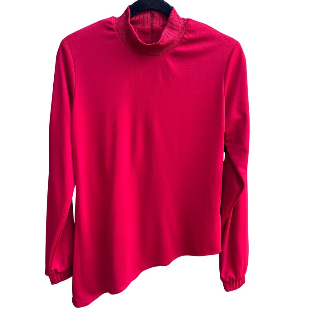 Kathy Levine Vintage 70s Red Mock Neck Blouse Asymmetric Hem Back Zip Womens S